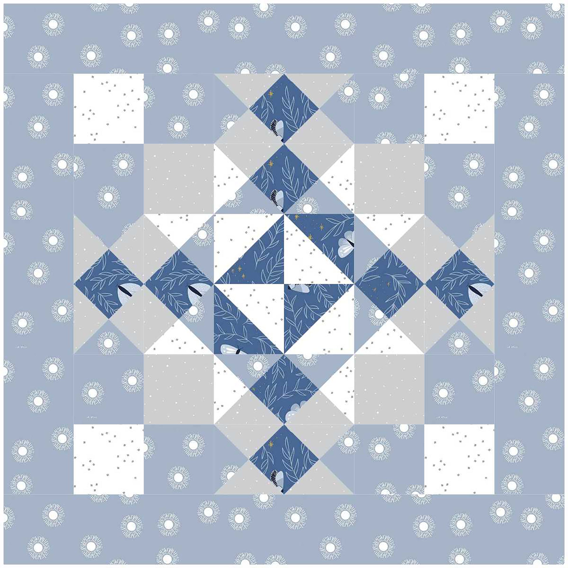 A quilt featuring a pattern of blue, white, and gray squares arranged in a harmonious design. One block shown.