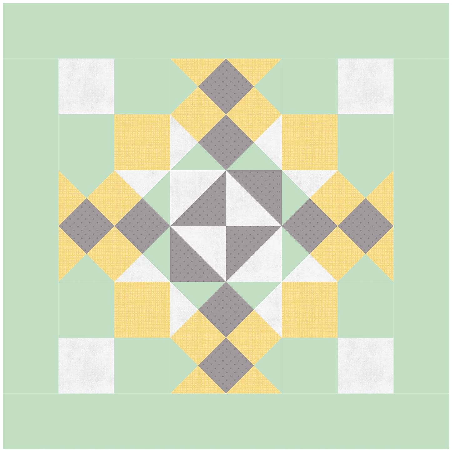 A quilt featuring a pattern of yellow, green, and gray squares arranged in a harmonious design. One block of design.