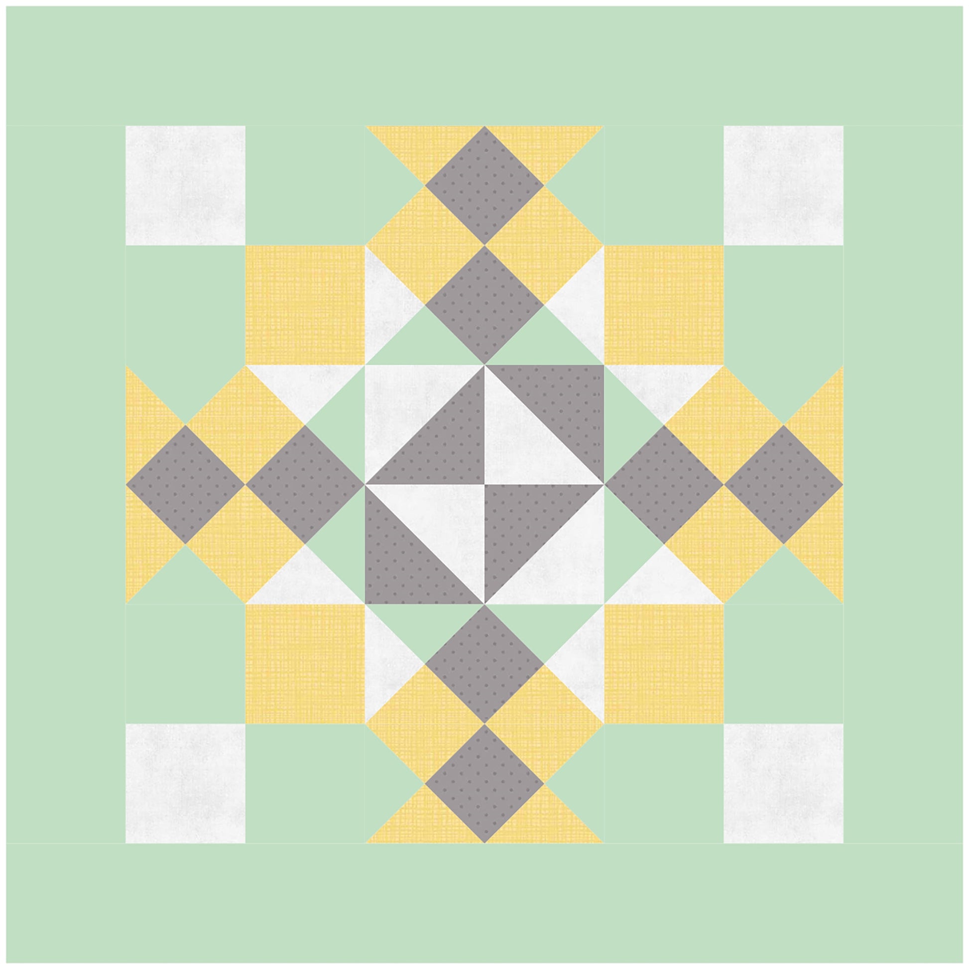 A quilt featuring a pattern of yellow, green, and gray squares arranged in a harmonious design. One block of design.