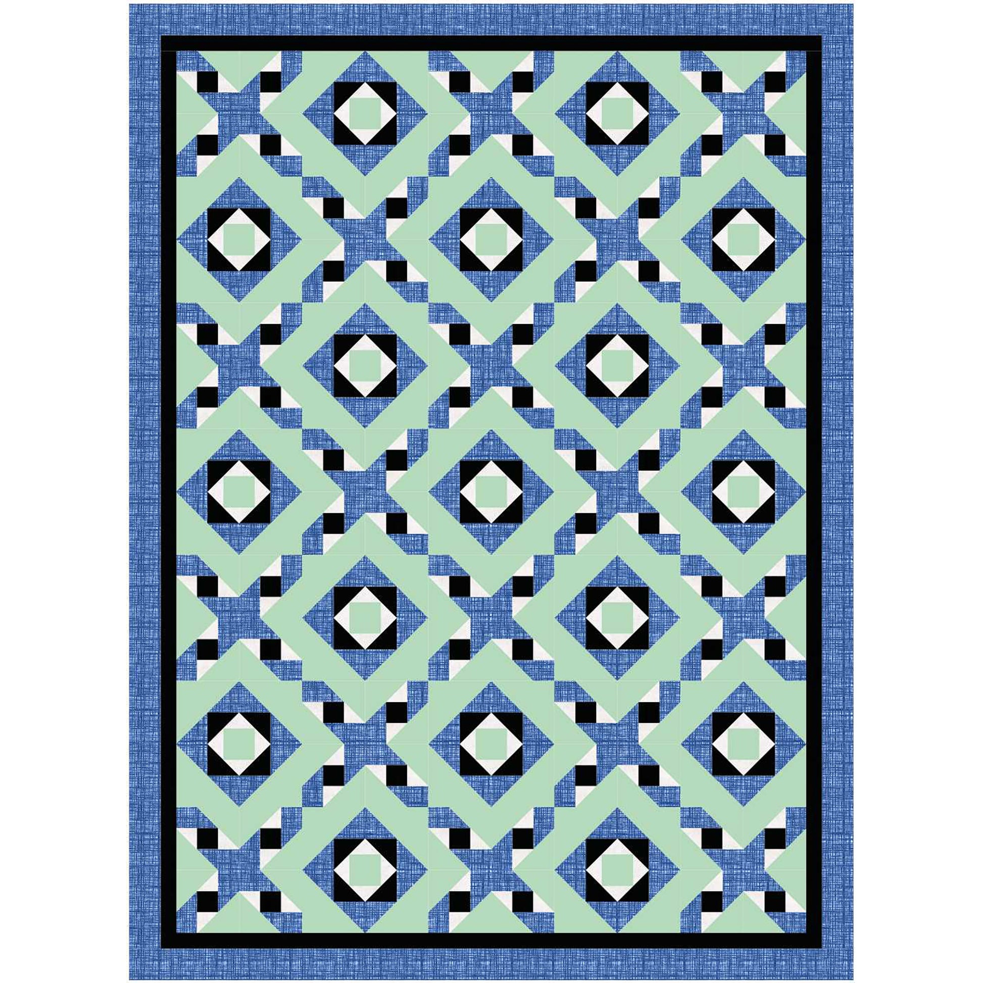 Fun quilt in blue, green, and a pop of black and white features squares inside each other with friendship stars with zig-zag feel between diamonds that were blocks inside each other.