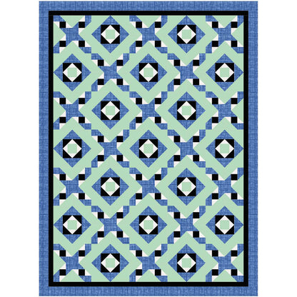 Fun quilt in blue, green, and a pop of black and white features squares inside each other with friendship stars with zig-zag feel between diamonds that were blocks inside each other.