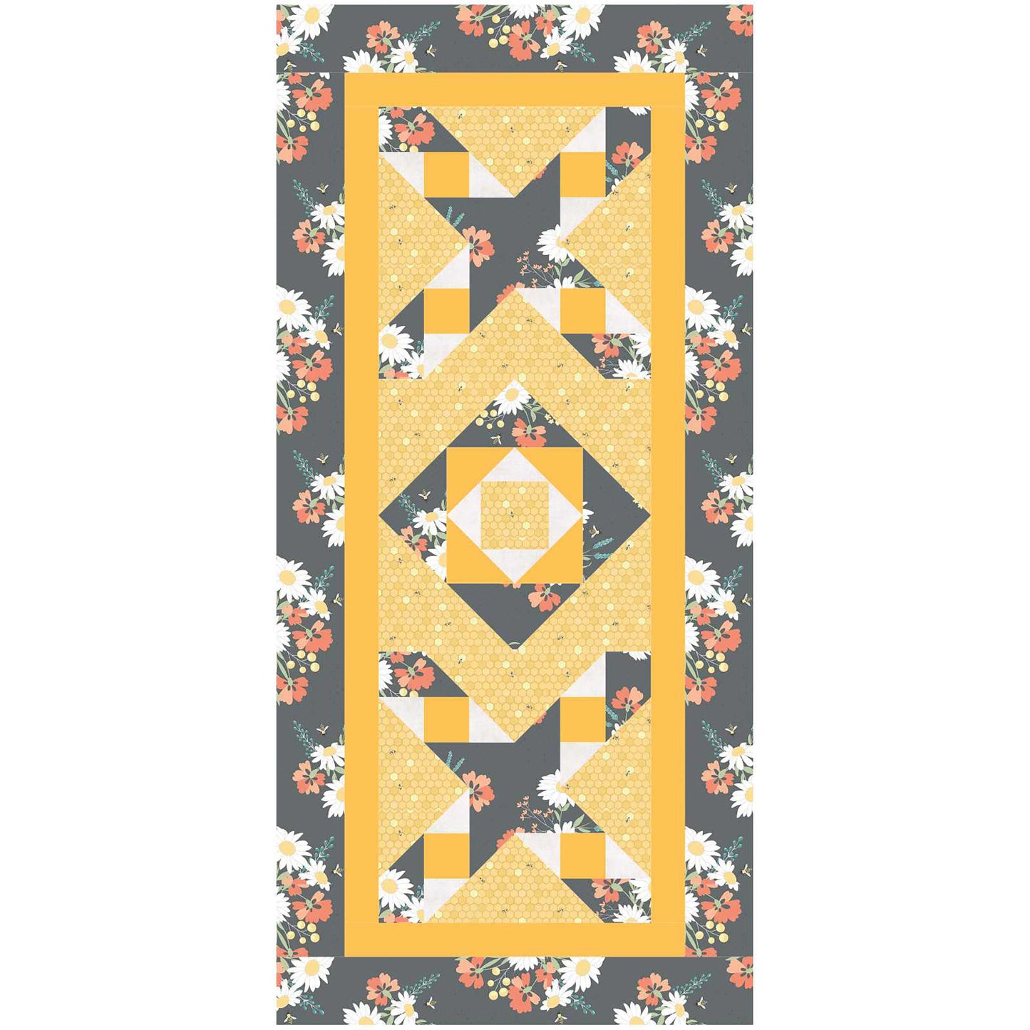 Two element table runner features an X with a friendship star in the middle on the top and bottom with a square inside a square design in the middle.  The color scheme is yellow with complementing fabrics with flowers.