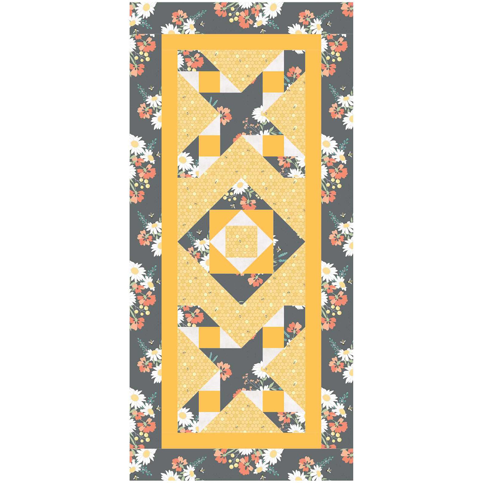 Two element table runner features an X with a friendship star in the middle on the top and bottom with a square inside a square design in the middle.  The color scheme is yellow with complementing fabrics with flowers.