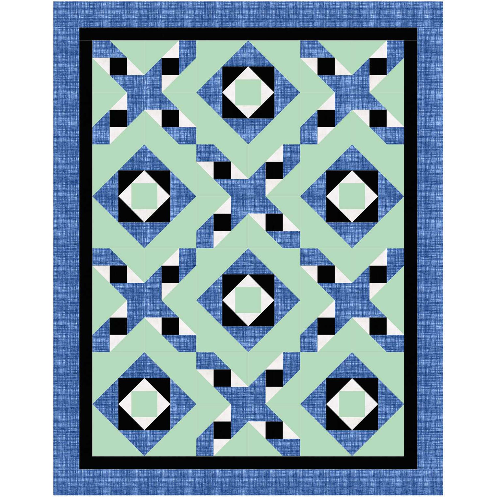 Fun quilt in blue, green, and a pop of black and white features squares inside each other with friendship stars with zig-zag feel between diamonds that were blocks inside each other.