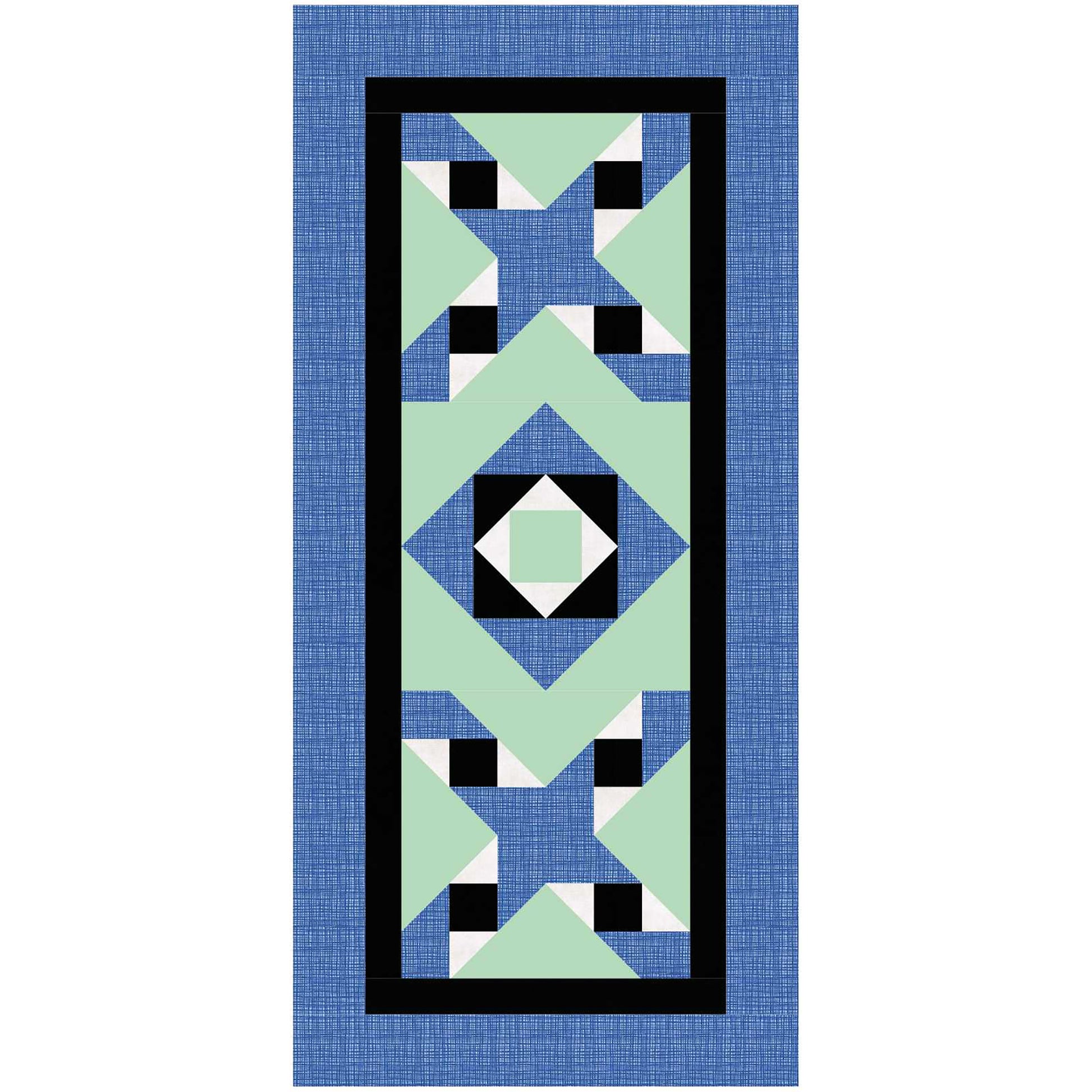 Two element table runner features an X with a friendship star in the middle on the top and bottom with a square inside a square design in the middle.  The color scheme is blue and green with small amount of white and black.