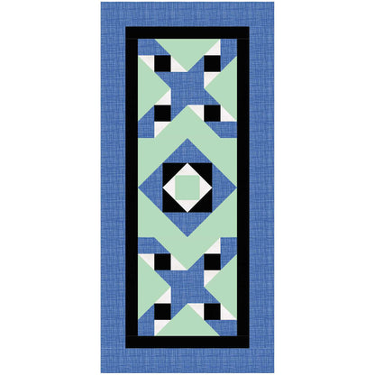 Two element table runner features an X with a friendship star in the middle on the top and bottom with a square inside a square design in the middle.  The color scheme is blue and green with small amount of white and black.