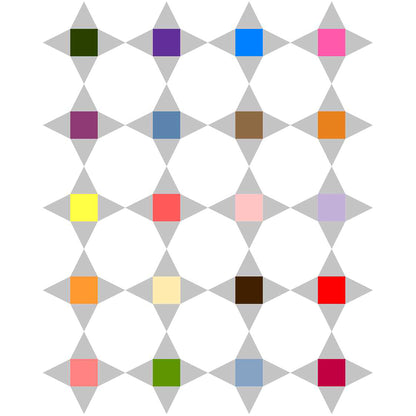 Friendship star quilt features bright colored blocks in the middle of each star with gray as the points and white background fabric.