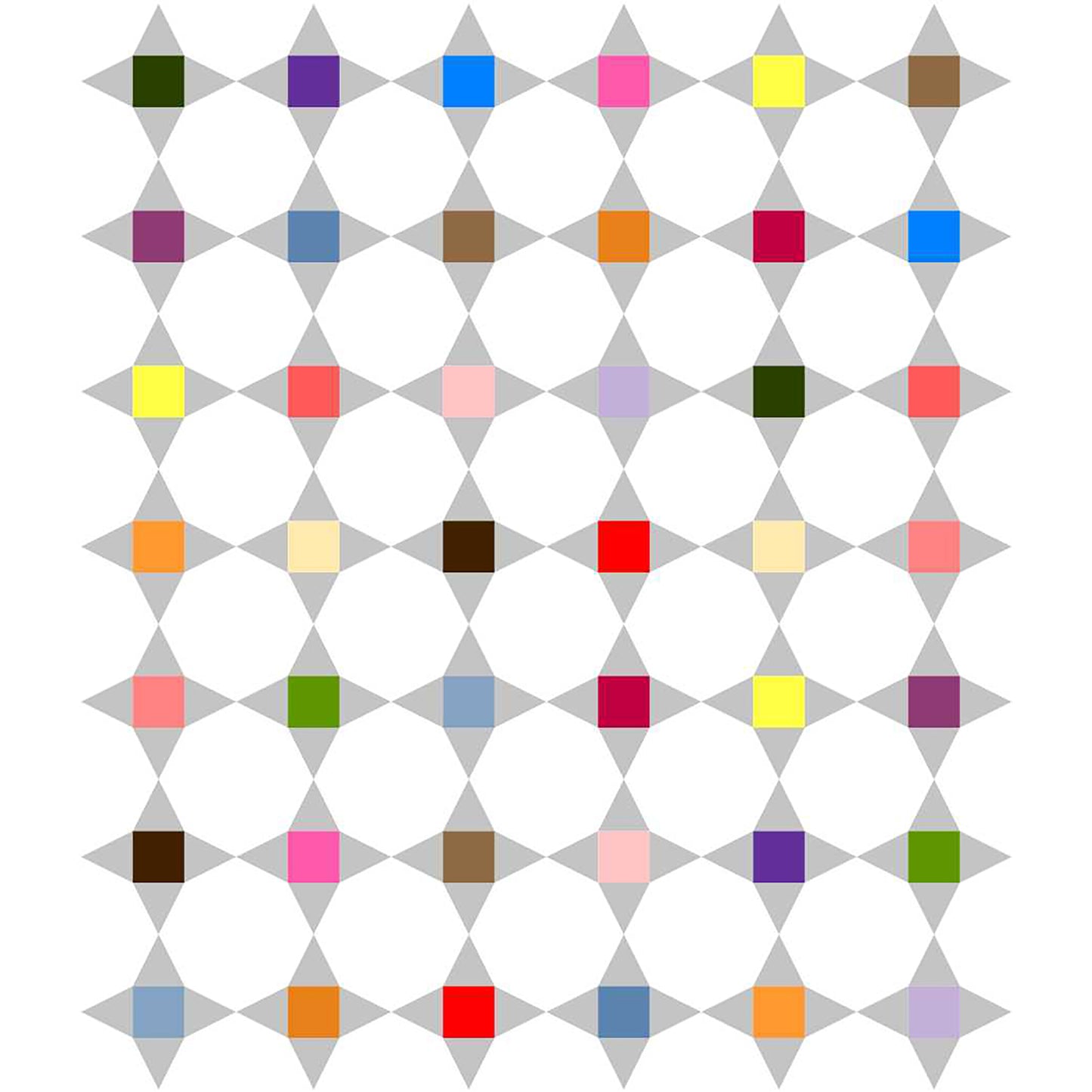 Friendship star quilt features bright colored blocks in the middle of each star with gray as the points and white background fabric.