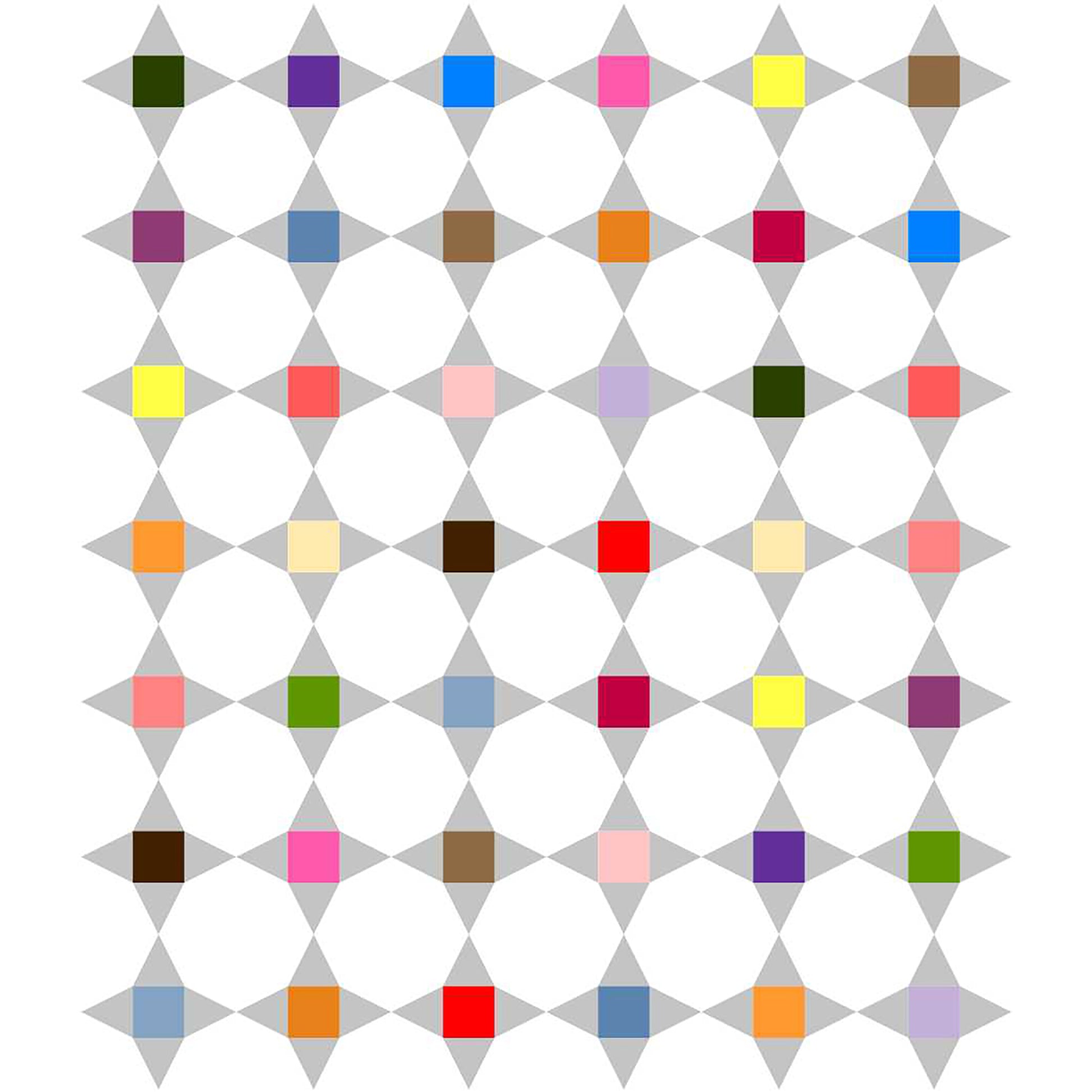 Friendship star quilt features bright colored blocks in the middle of each star with gray as the points and white background fabric.