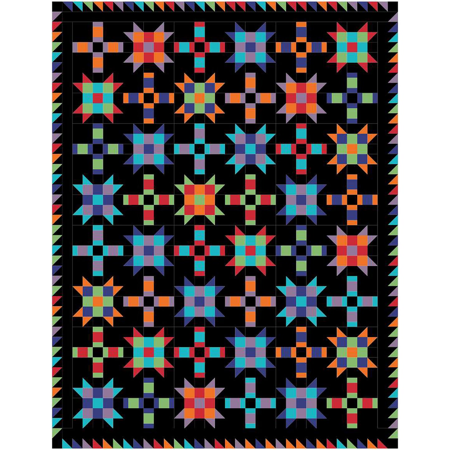 Colorful quilt features blocks of Ohio stars with extra fun nine patch inside and plus signs.  This version has bright elements with a black background.