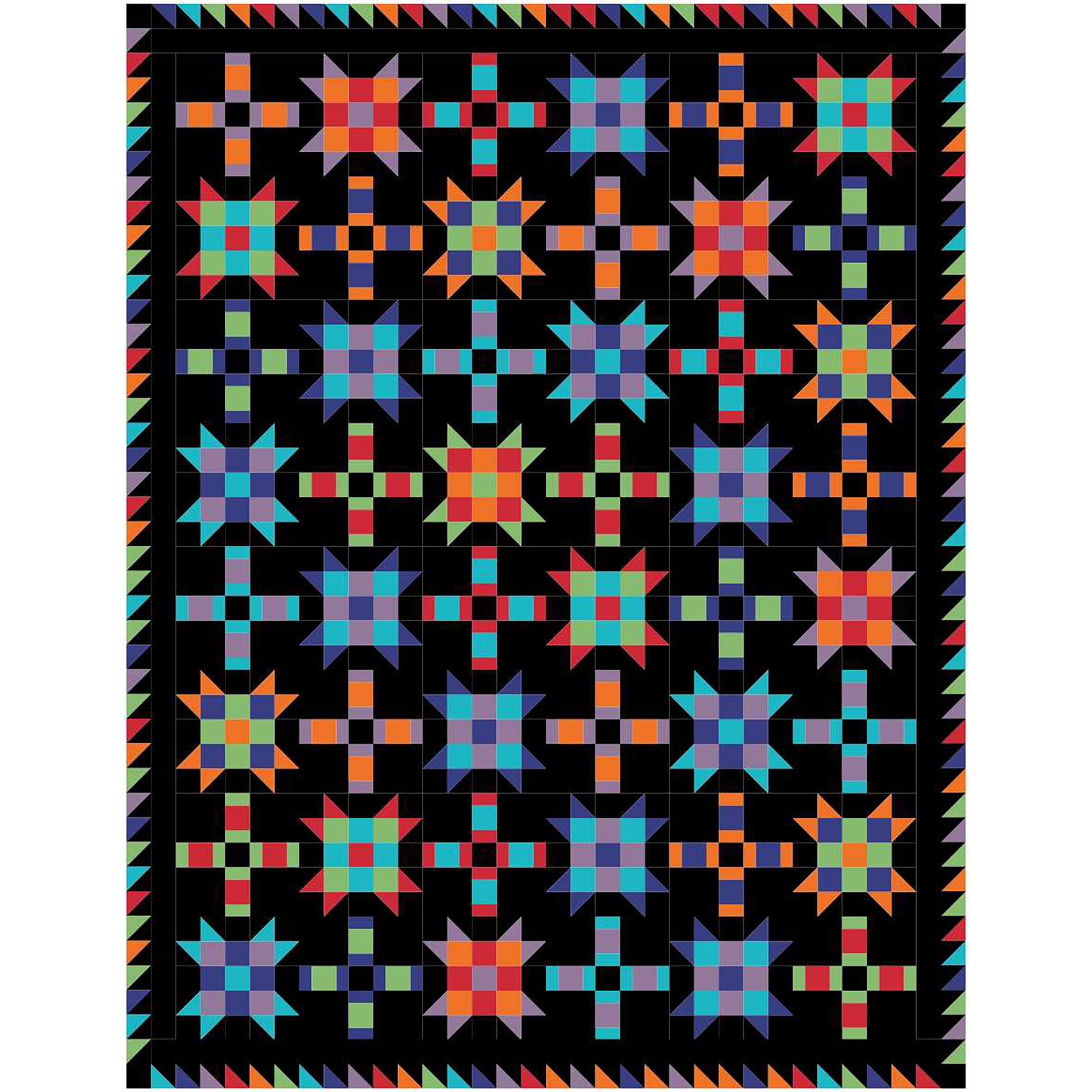 Colorful quilt features blocks of Ohio stars with extra fun nine patch inside and plus signs.  This version has bright elements with a black background.