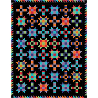 Colorful quilt features blocks of Ohio stars with extra fun nine patch inside and plus signs.  This version has bright elements with a black background.