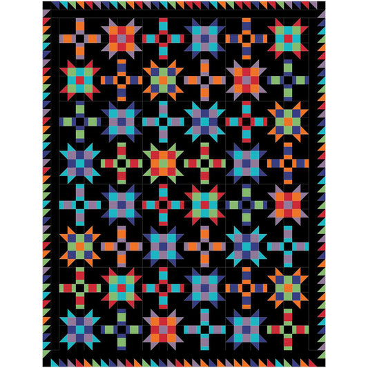 Colorful quilt features blocks of Ohio stars with extra fun nine patch inside and plus signs.  This version has bright elements with a black background.
