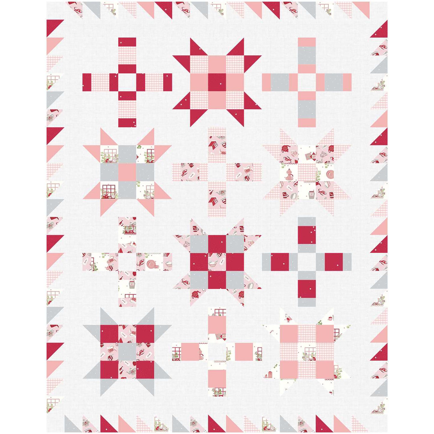 Fun quilt features blocks of Ohio stars with extra fun nine patch inside and plus signs. The elements in this version are in pink fabric with a white background.