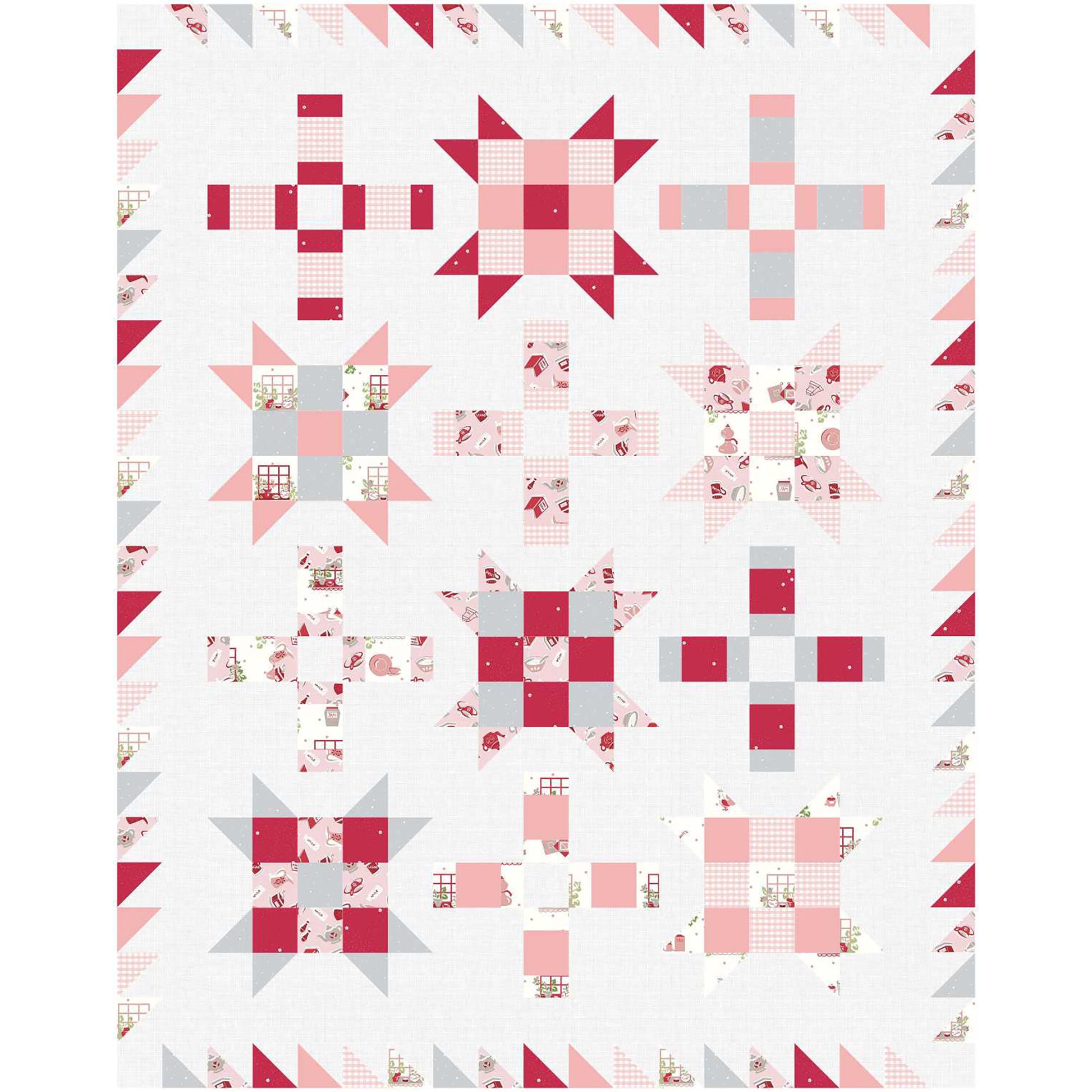 Fun quilt features blocks of Ohio stars with extra fun nine patch inside and plus signs. The elements in this version are in pink fabric with a white background.