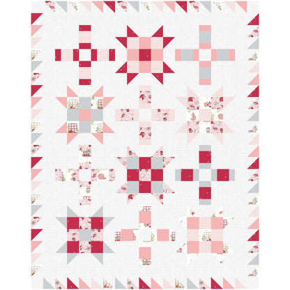 Fun quilt features blocks of Ohio stars with extra fun nine patch inside and plus signs. The elements in this version are in pink fabric with a white background.