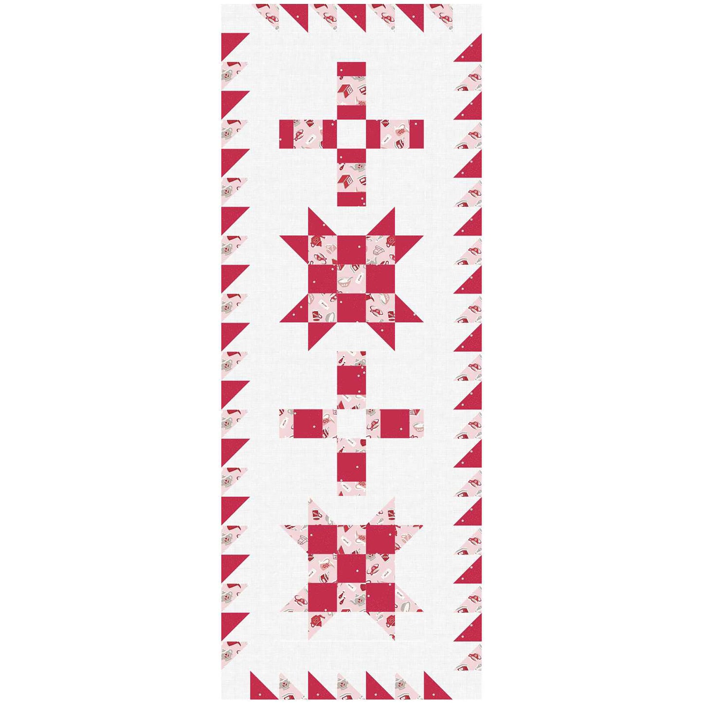 Fun table runner features blocks of Ohio stars with extra fun nine patch inside and plus signs along it.