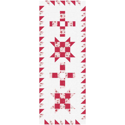 Fun table runner features blocks of Ohio stars with extra fun nine patch inside and plus signs along it.