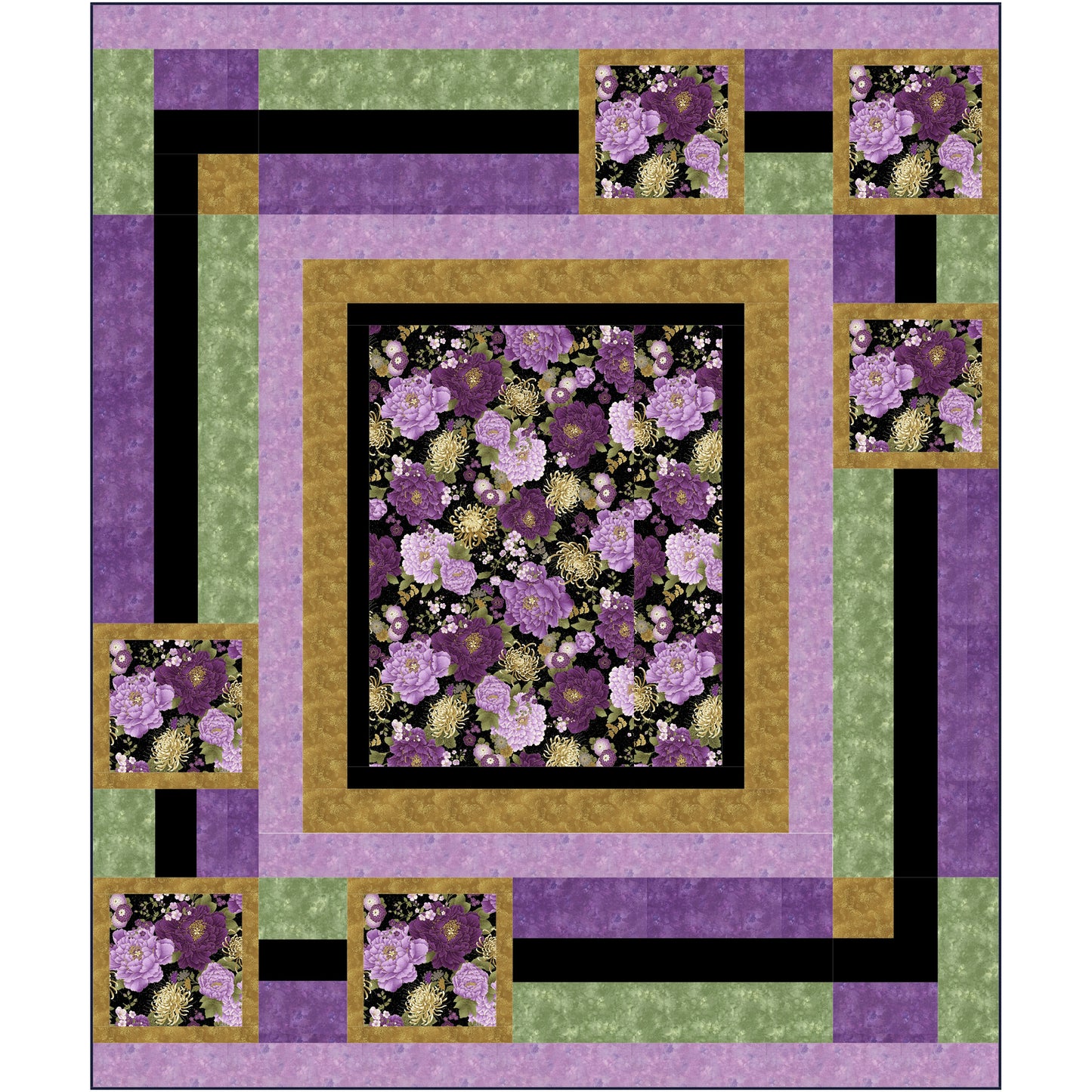 Quilt with floral pattern in purple, green, and black on a white background