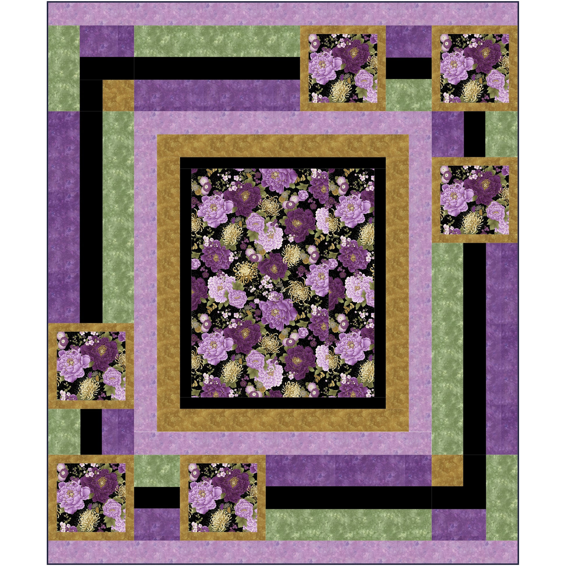 Quilt with floral pattern in purple, green, and black on a white background