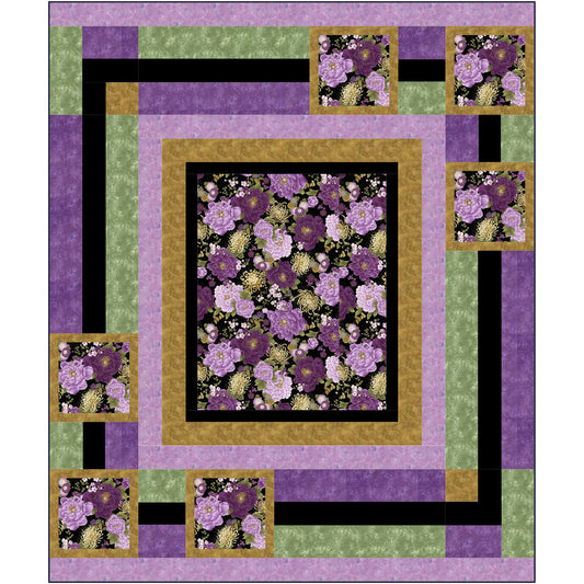 Quilt with floral pattern in purple, green, and black on a white background