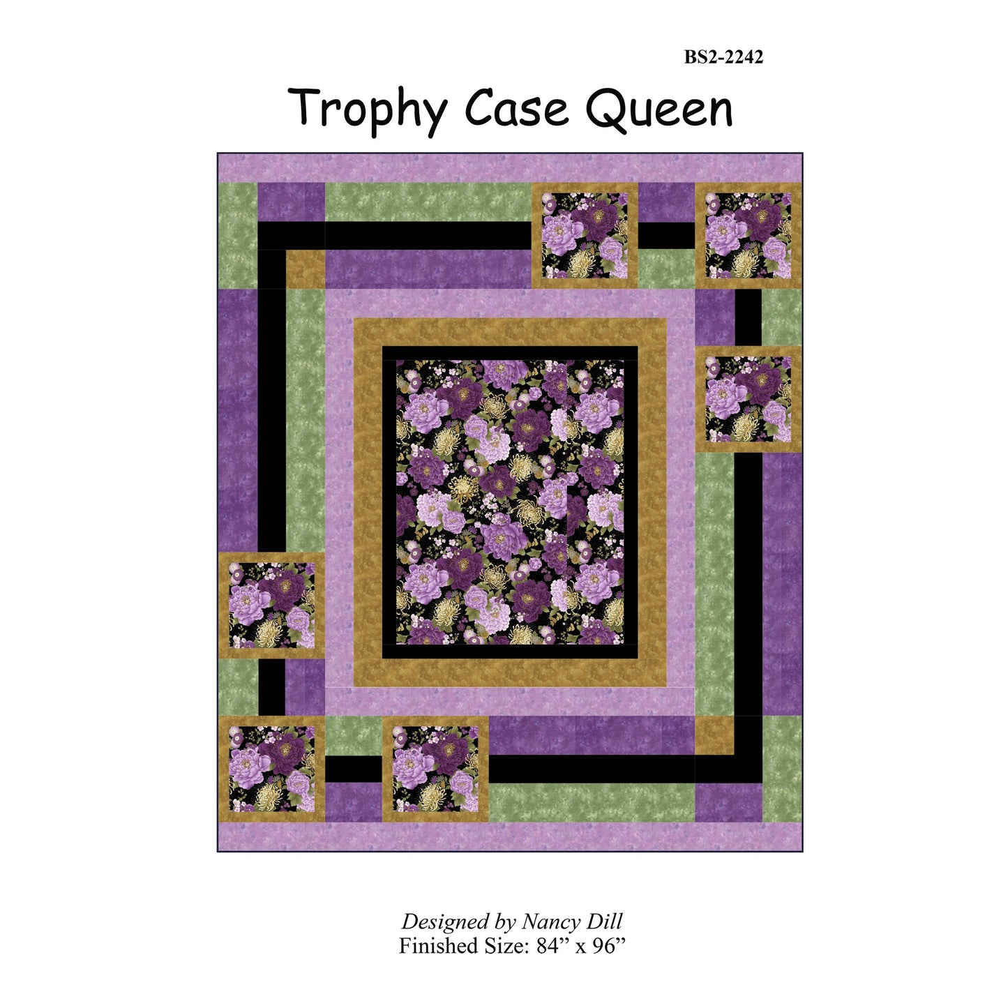 Quilt pattern cover titled 'Trophy Case Queen' with floral design and border on a white background.