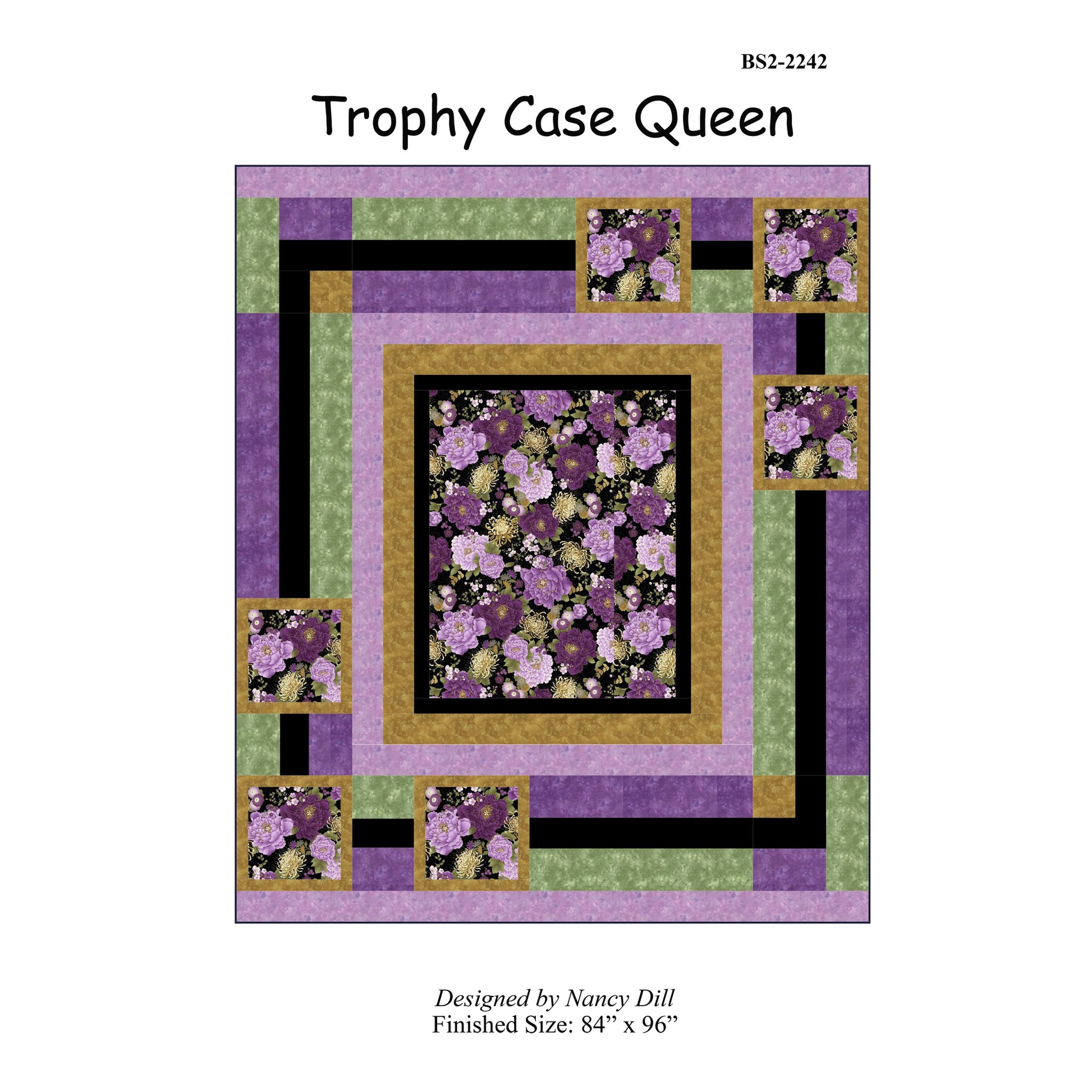 Quilt pattern cover titled 'Trophy Case Queen' with floral design and border on a white background.