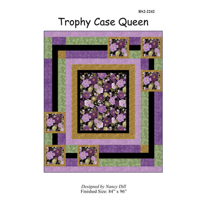 Quilt pattern cover titled 'Trophy Case Queen' with floral design and border on a white background.