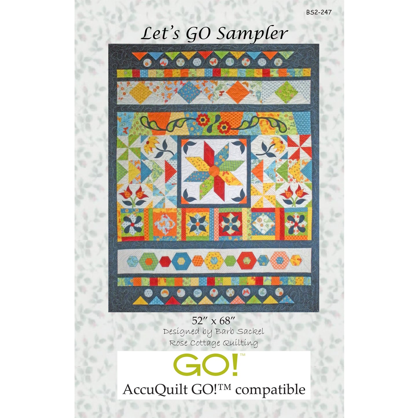 Quilt pattern packaging for 'Let's GO Sampler' with colorful quilt design on a white background.
