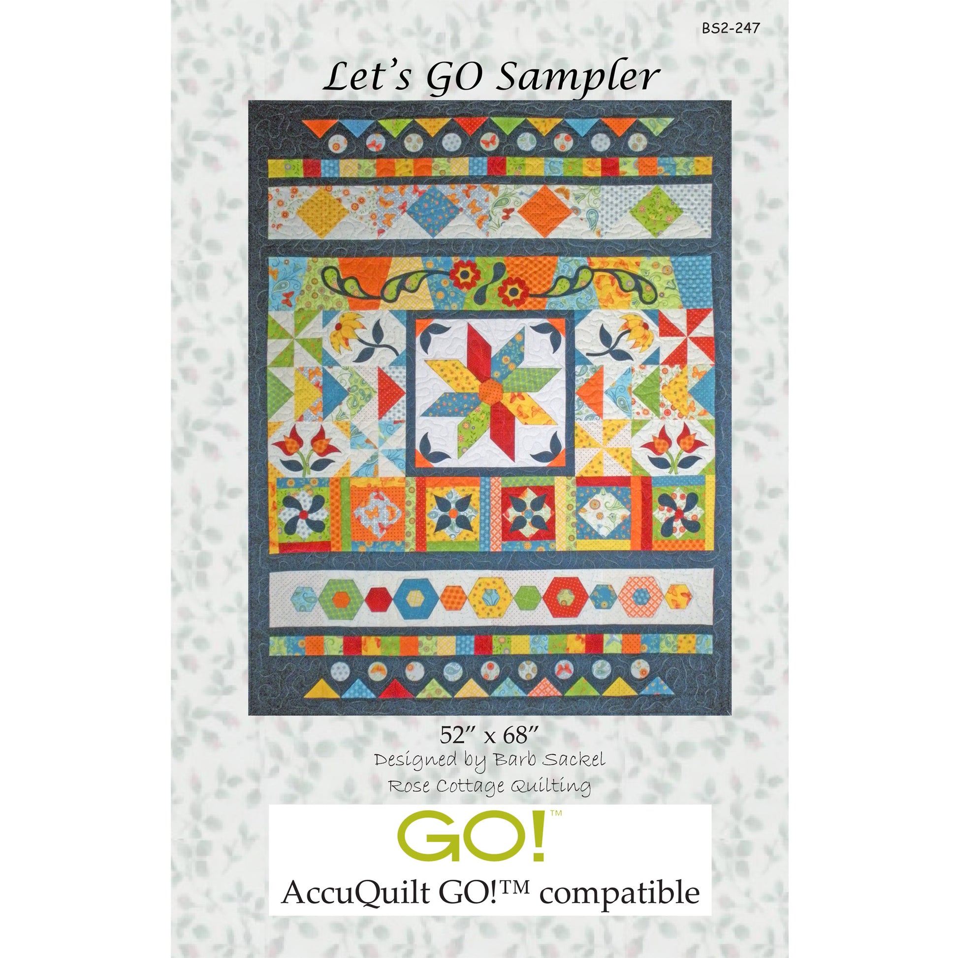 Quilt pattern packaging for 'Let's GO Sampler' with colorful quilt design on a white background.