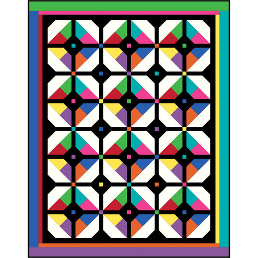 Colorful geometric quilt with a black background