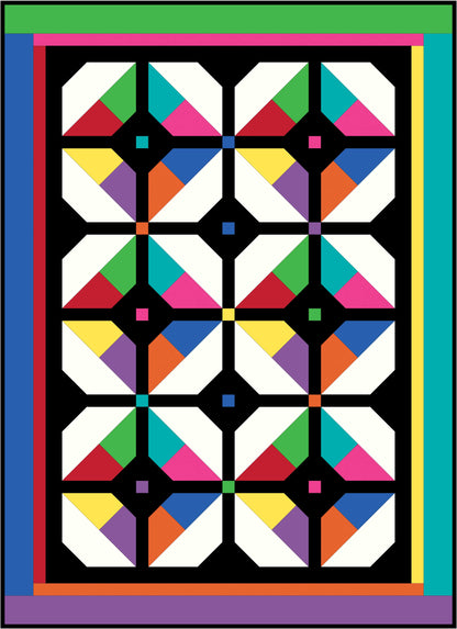 Colorful geometric quilt pattern with a black background