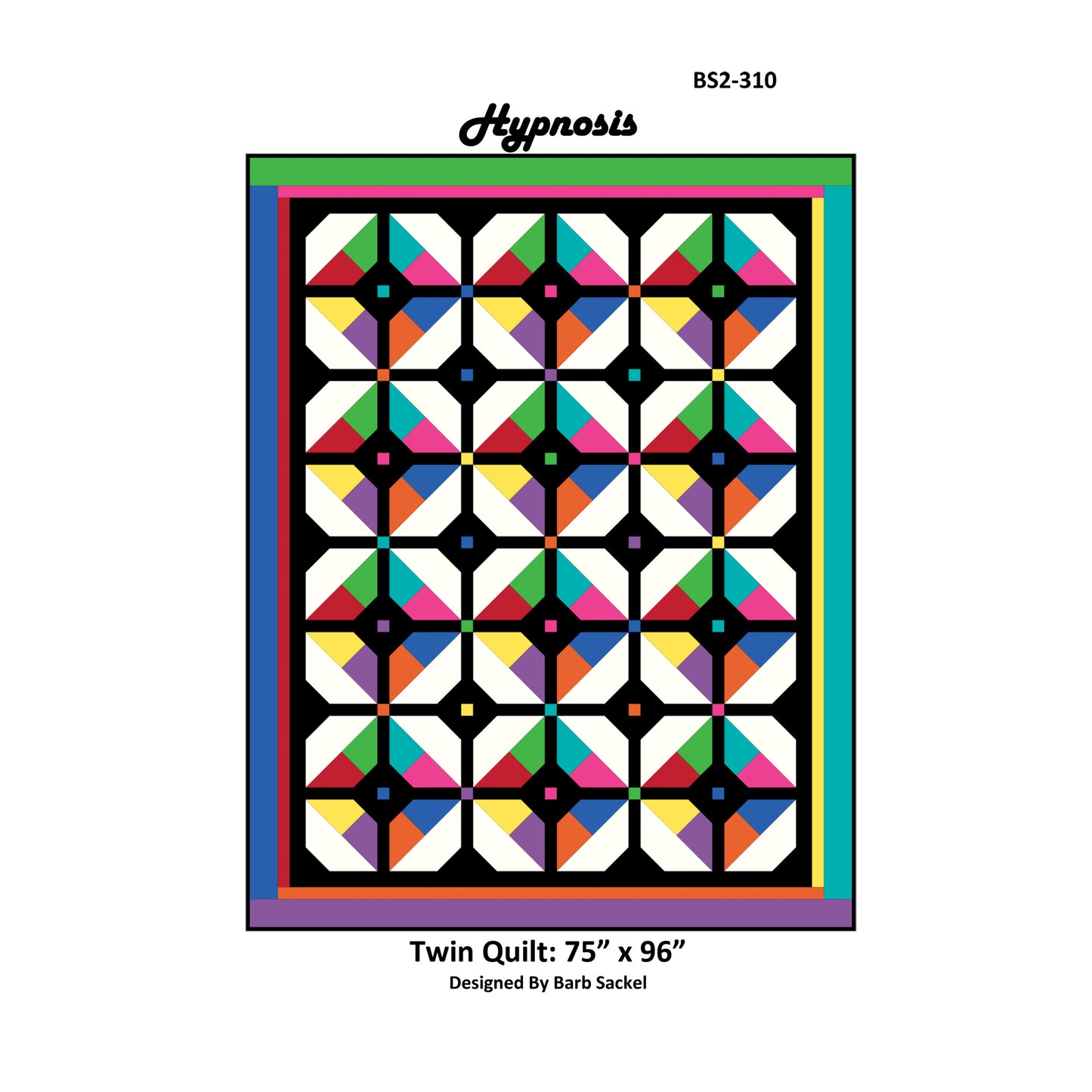 Colorful geometric quilt with 'Hypnosis' branding on a white background