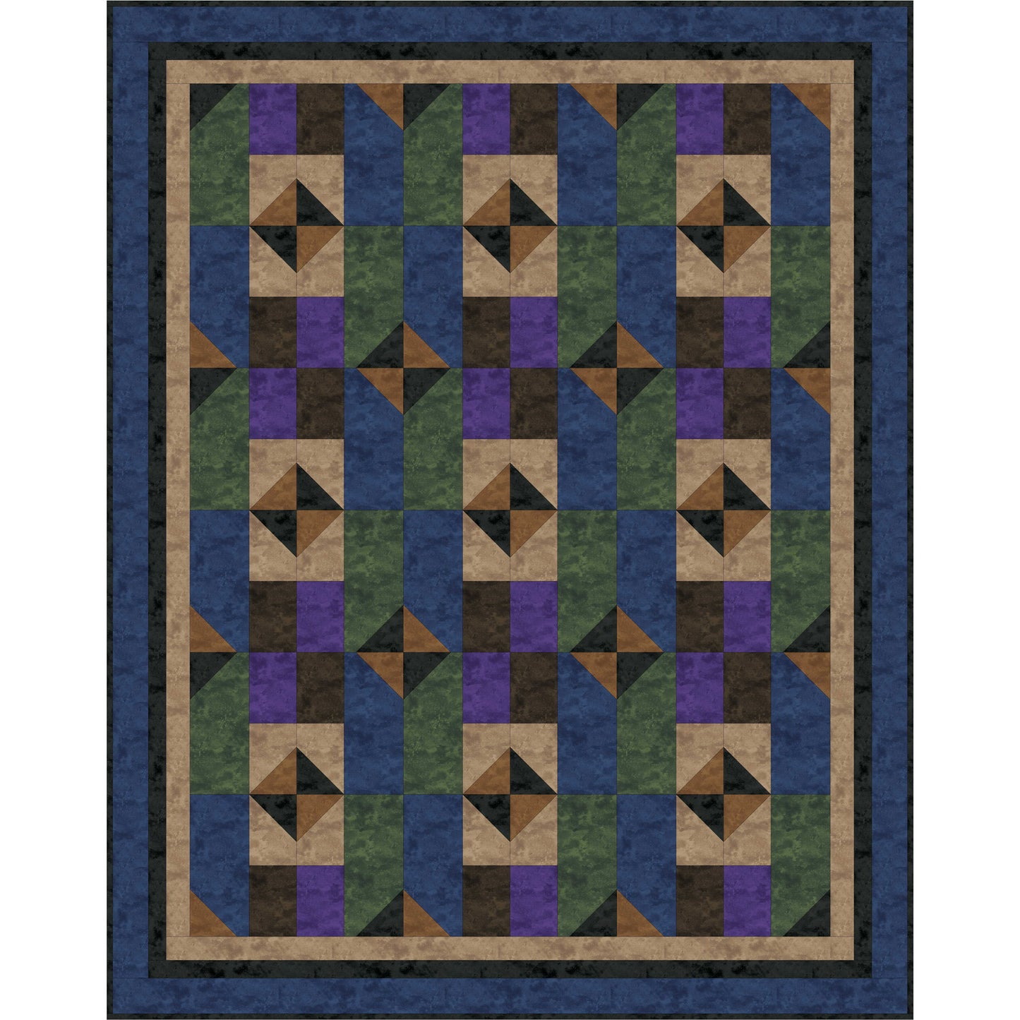 Quilt with geometric pattern in blue, green, and brown on a white background
