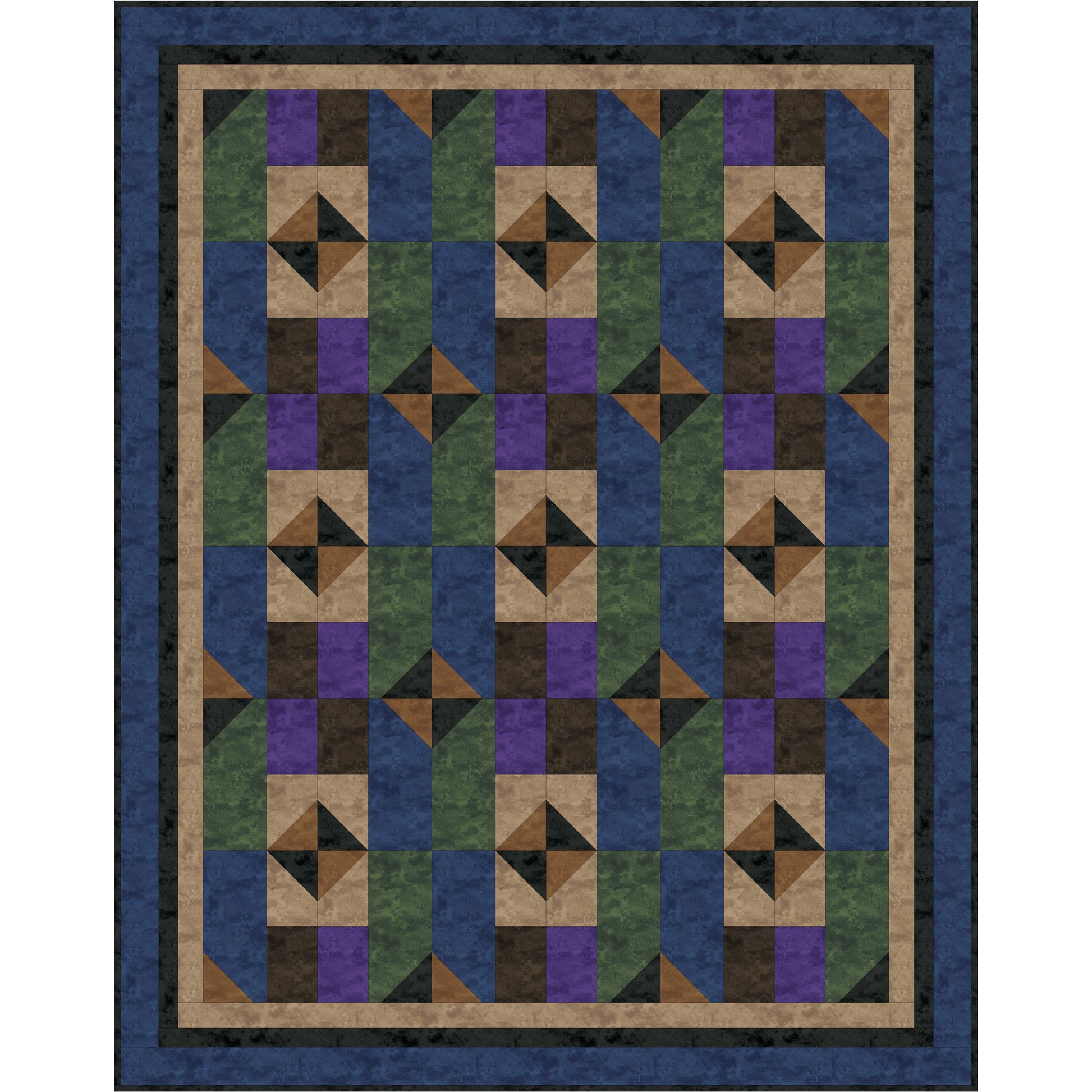 Quilt with geometric pattern in blue, green, and brown on a white background