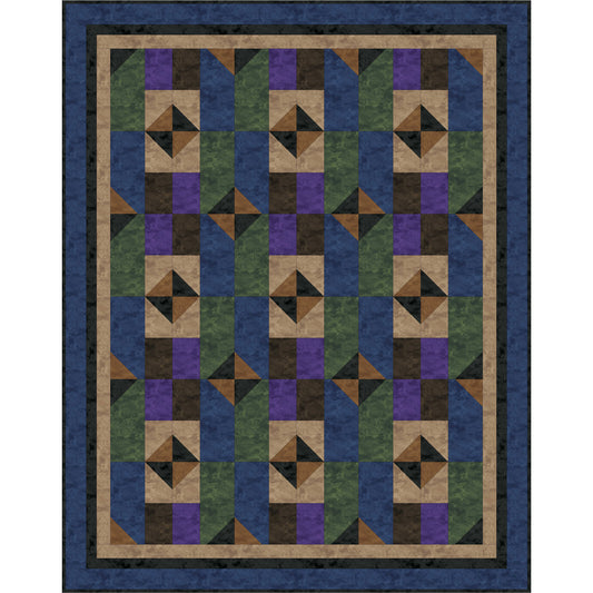 Quilt with geometric pattern in blue, green, and brown on a white background