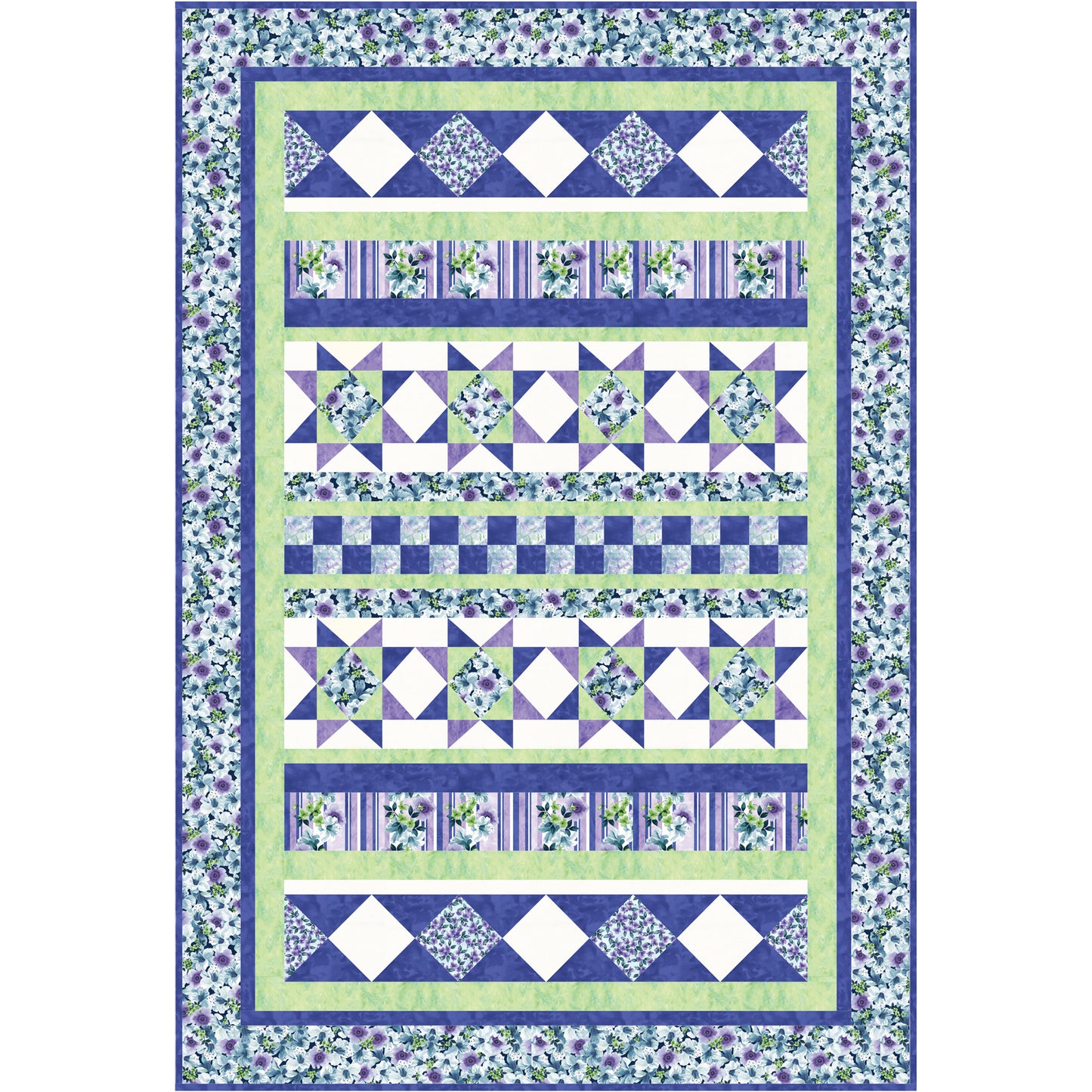 Quilt with blue and green patterned fabric on a white background