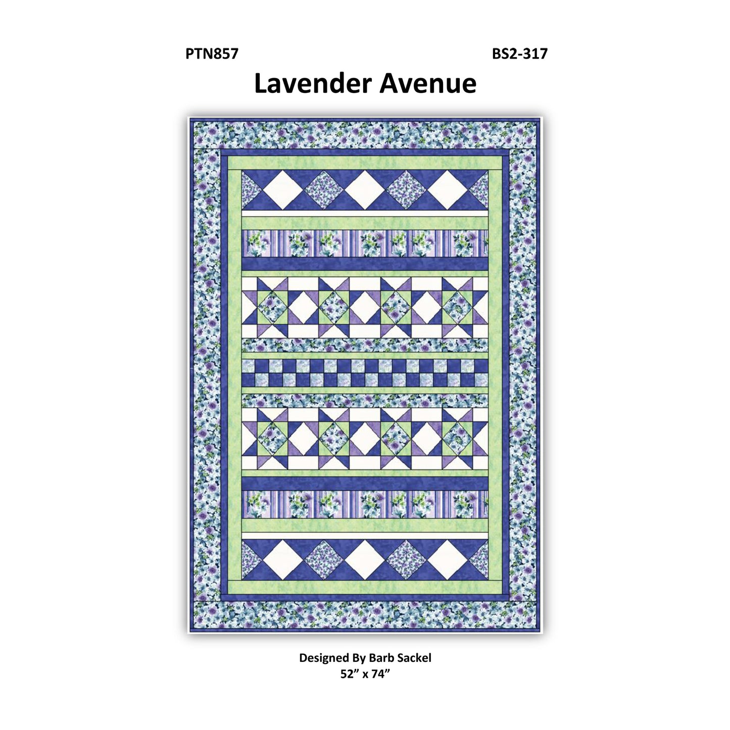 Quilt pattern cover for 'Lavender Avenue' with blue and green design on a white background.