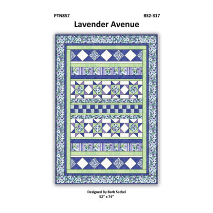 Quilt pattern cover for 'Lavender Avenue' with blue and green design on a white background.