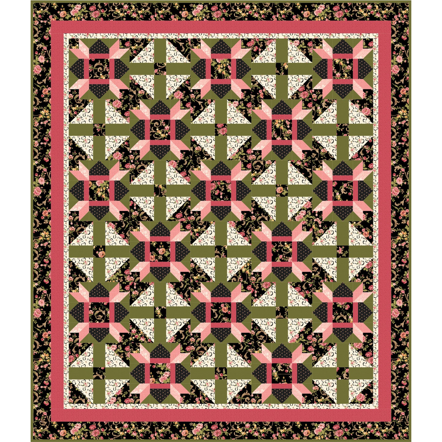Quilt with geometric pattern in green, pink, and black on a white background