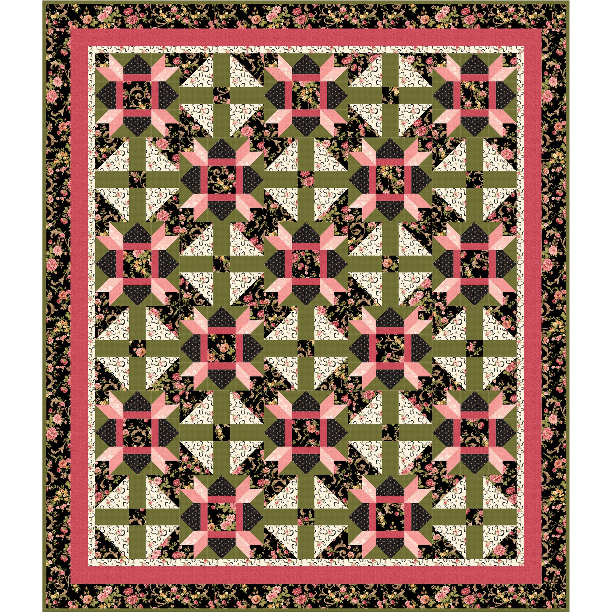 Quilt with geometric pattern in green, pink, and black on a white background