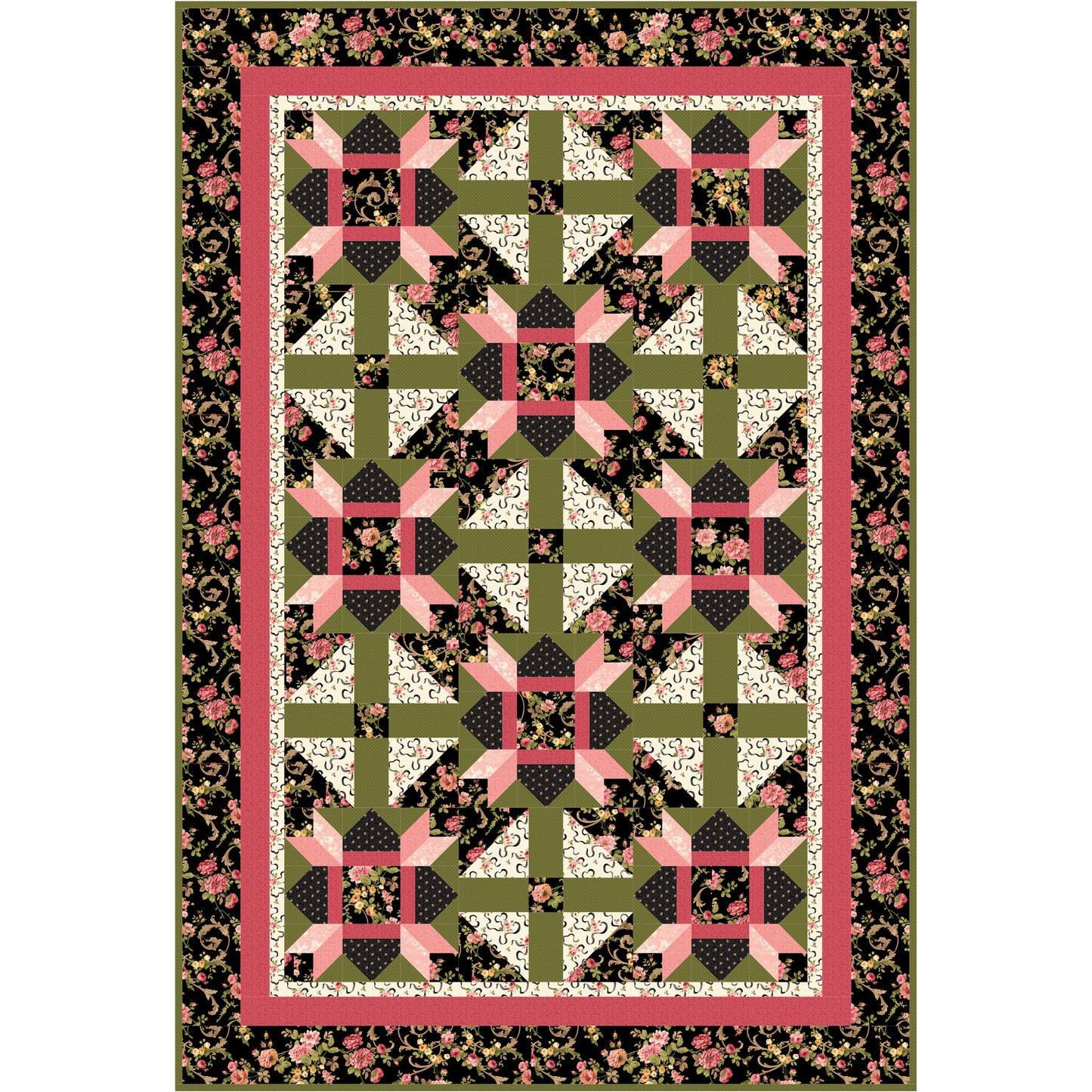 Quilt with geometric pattern and floral border on a white background