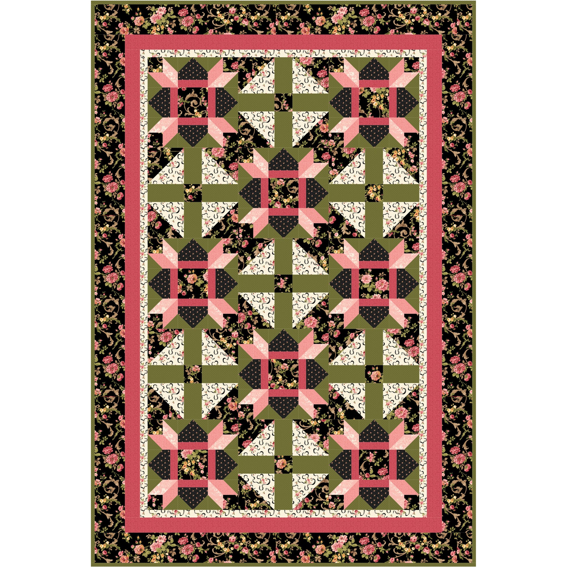 Quilt with geometric pattern and floral border on a white background