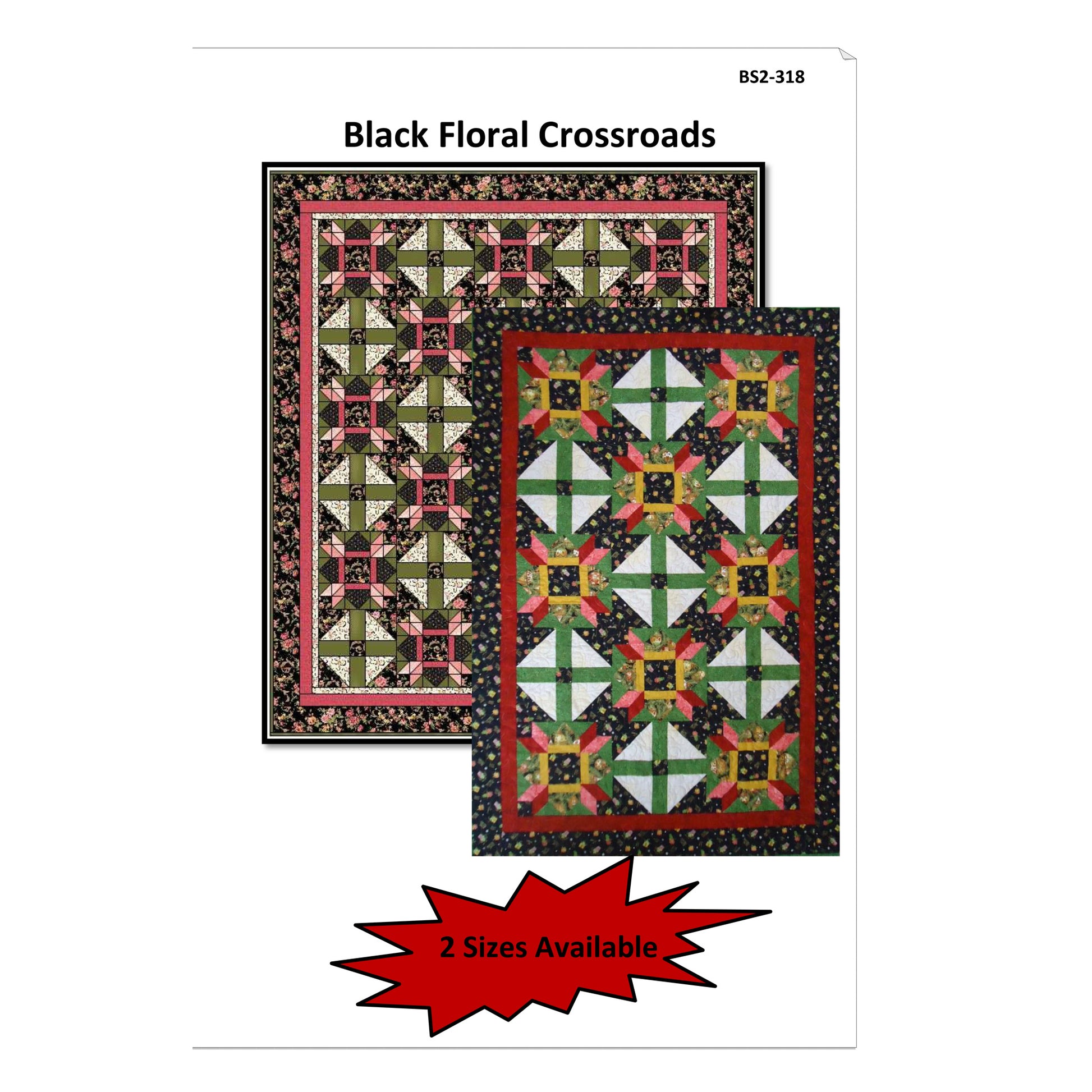 Quilt pattern packaging with two quilt images and product code on a white background