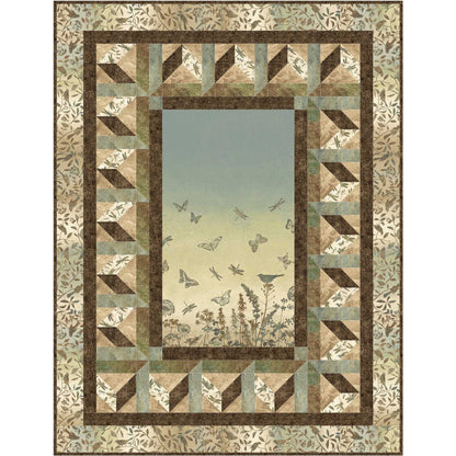 Quilt with geometric border and nature scene in the center