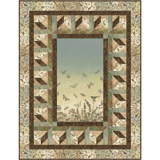 Quilt with geometric border and nature scene in the center