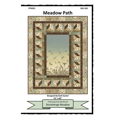 Quilt pattern cover titled 'Meadow Path' with a framed image of a meadow scene.