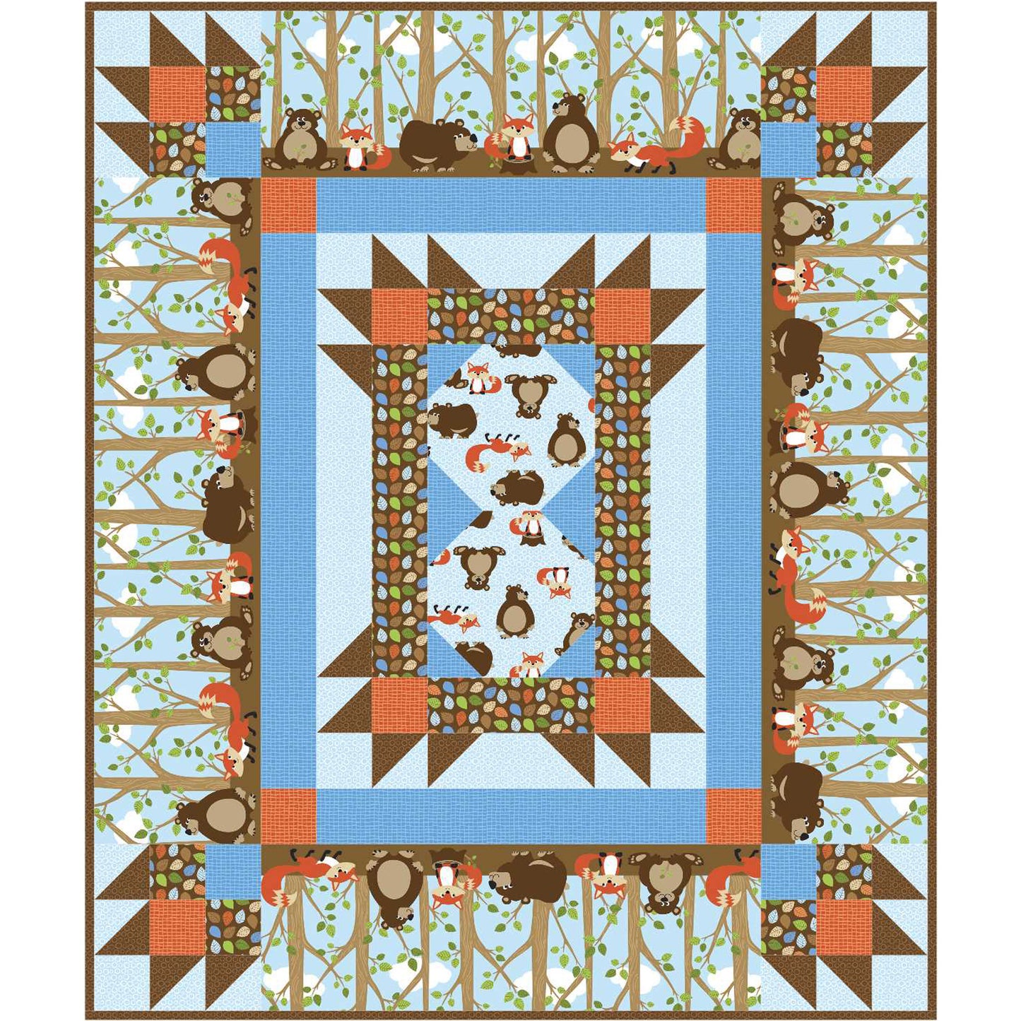 Quilt with animal pattern featuring bears, foxes, and birds on a blue background.