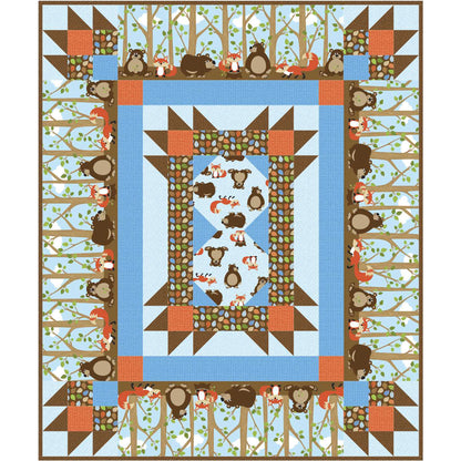 Quilt with animal pattern featuring bears, foxes, and birds on a blue background.