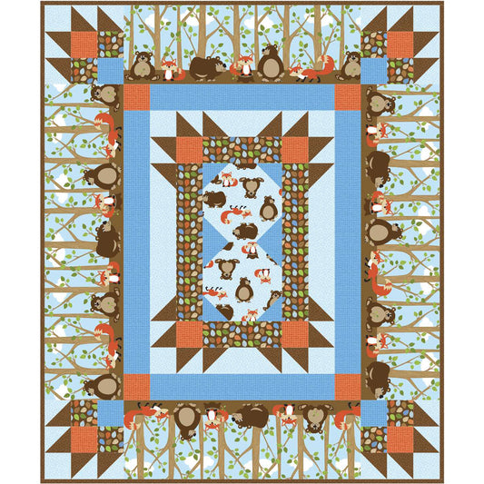 Quilt with animal pattern featuring bears, foxes, and birds on a blue background.